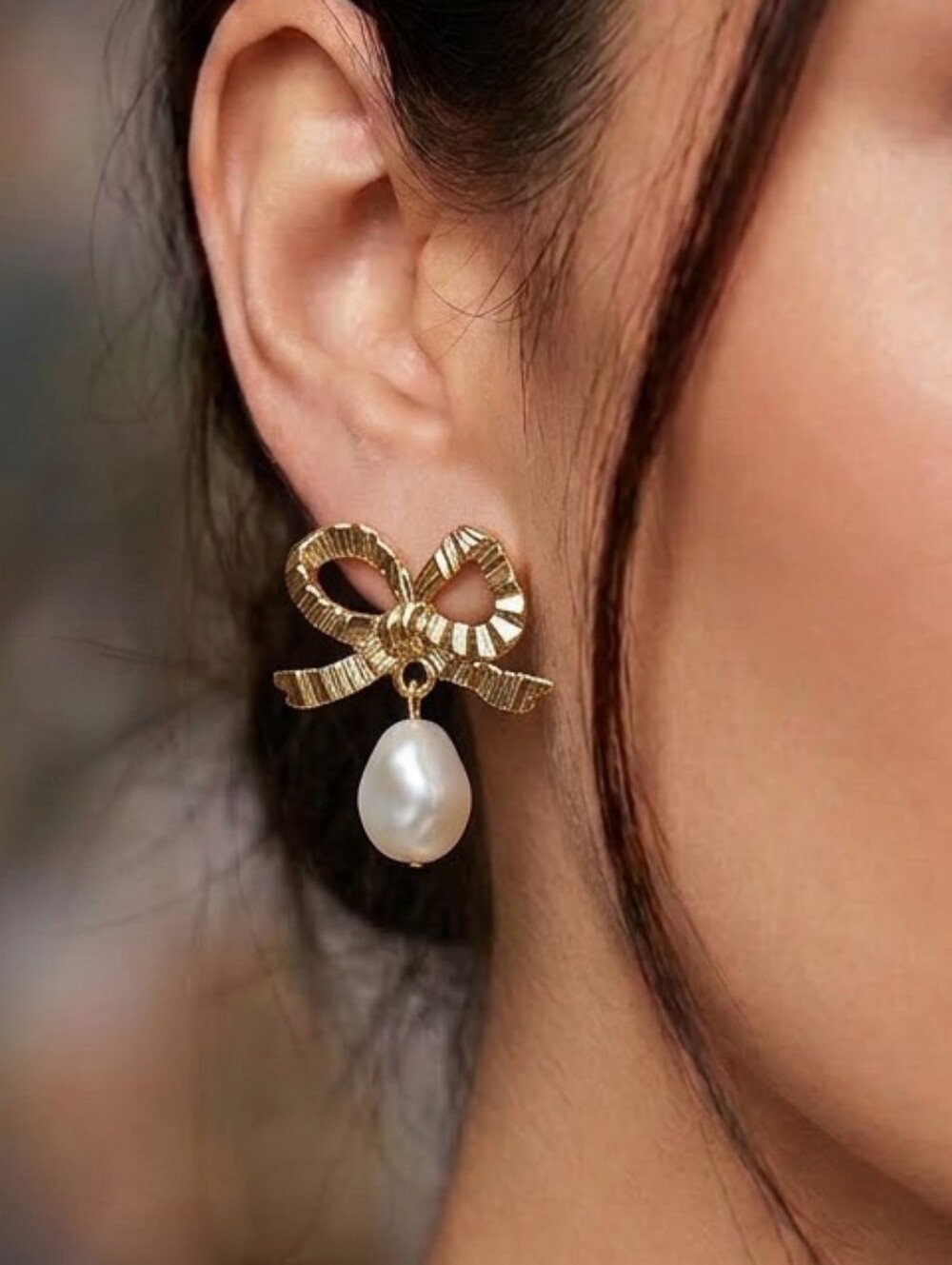 a new day Gold Ribbon Bow Earrings with White Pearl Drops